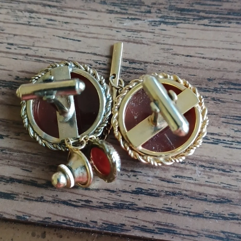 Vintage PRK Carved Carnelian Spartan Tie tac and Cufflinks, 12K gold filled